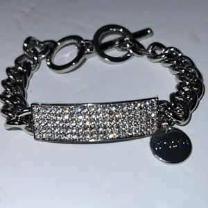 Chicos Silver Tone Crystal Chain Link ID Bracelet NWOT Adjustable Toggle Clasp